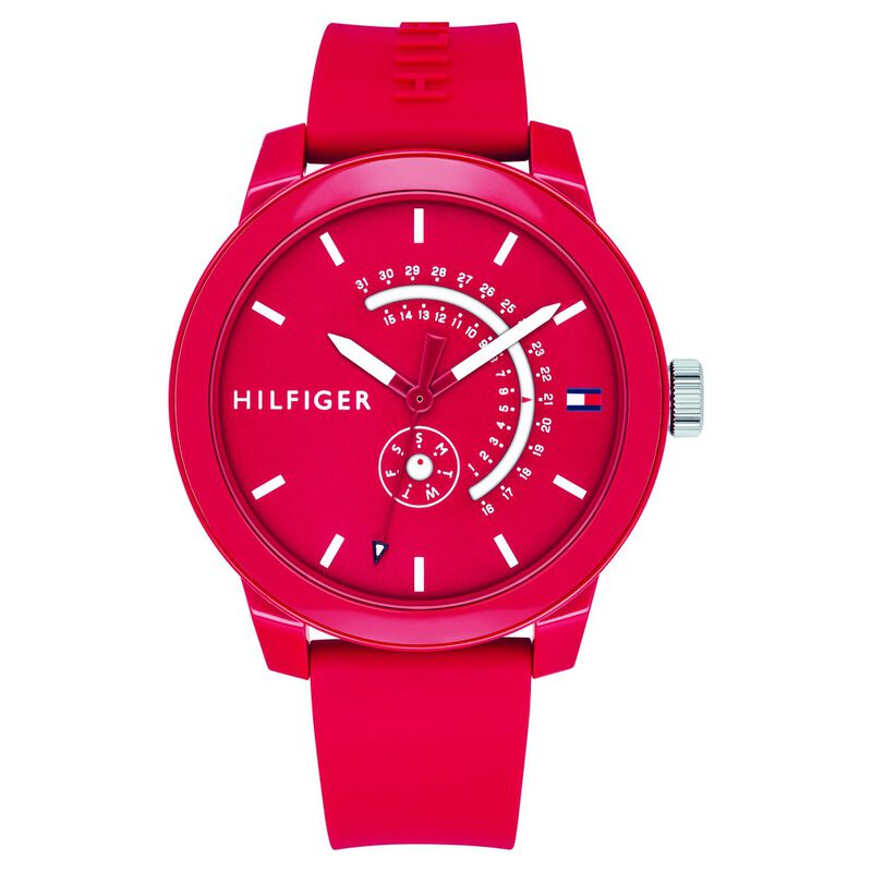 Tommy Hilfiger Quartz Analog with Date Red Dial Silicone Strap Watch for Men
