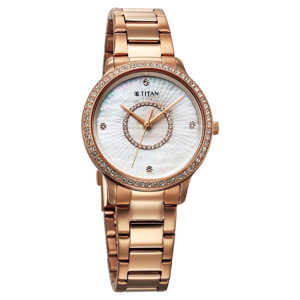 Titan Glamour Quartz Analog Mother Of Pearl Dial Rose Gold Stainless Steel Strap Watch For Women - image number 1