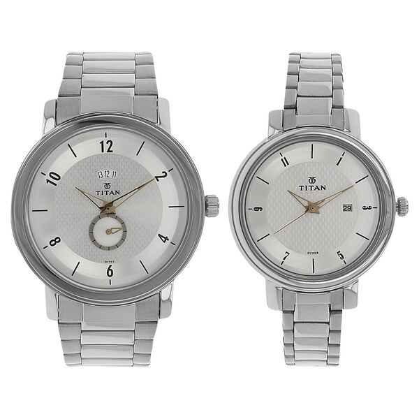 Titan Quartz Analog with Date Silver Dial Stainless Steel Strap Watch for Couple - image number 0