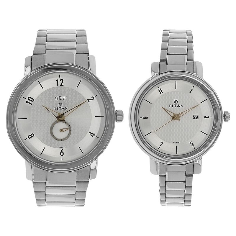 Titan Quartz Analog with Date Silver Dial Stainless Steel Strap Watch for Couple