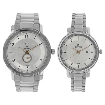 Titan Quartz Analog with Date Silver Dial Stainless Steel Strap Watch for Couple