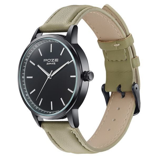 Poze By Sonata Quartz Analog Black Dial Beige Leather Strap Watch For Men - image number 4