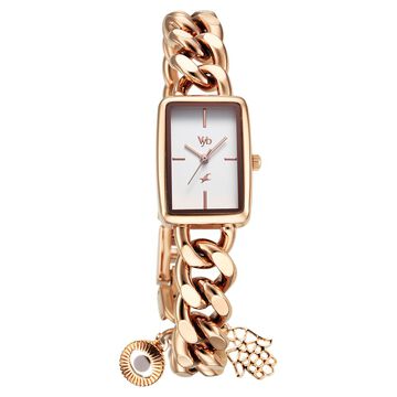 Fastrack Vyb Prodigy Quartz Analog White Dial Rose Gold Color Metal Strap Watch For Girls