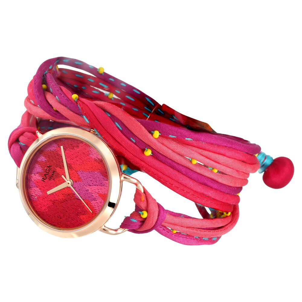 Buy Online Titan Raga Twirl Pink Dial Analog Silk Strap watch for Women 95080wf01 Titan