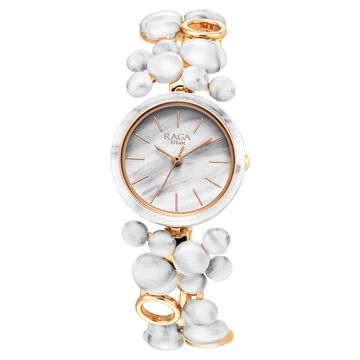 Titan Raga Ceramics Quartz Analog White Dial Metal Strap Watch For Women