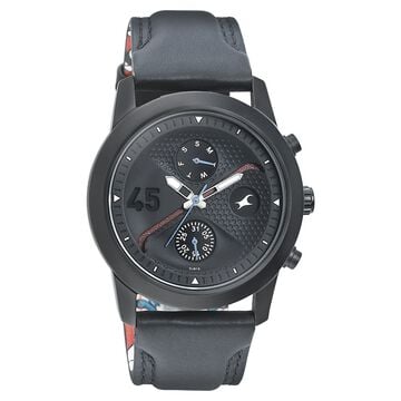 Fastrack Go Skate Quartz Multifunction Black Dial Leather Strap Watch for Guys