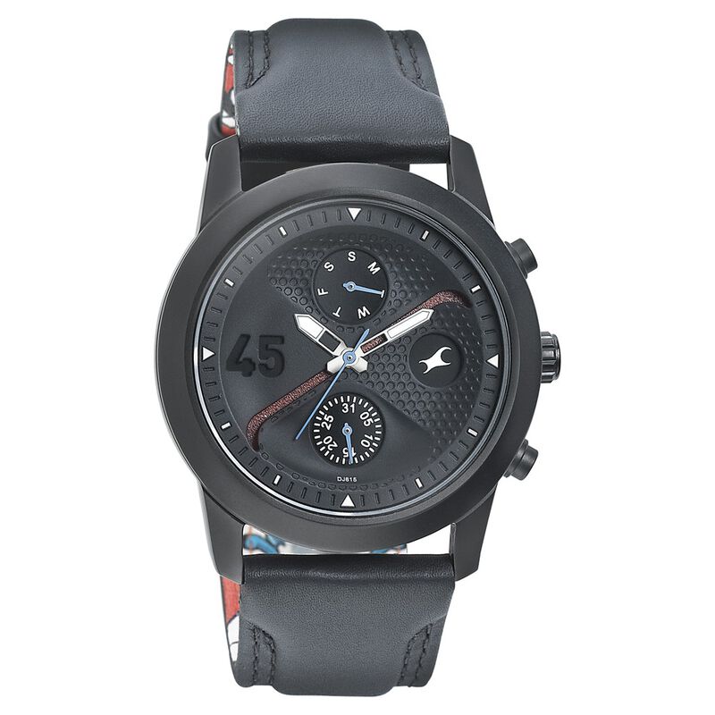 Fastrack Go Skate Quartz Multifunction Black Dial Leather Strap Watch for Guys