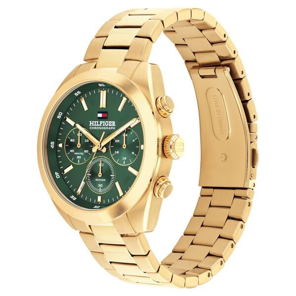Tommy Hilfiger Quartz Chronograph Green Dial Golden Stainless Steel Strap Watch For Men - image number 1