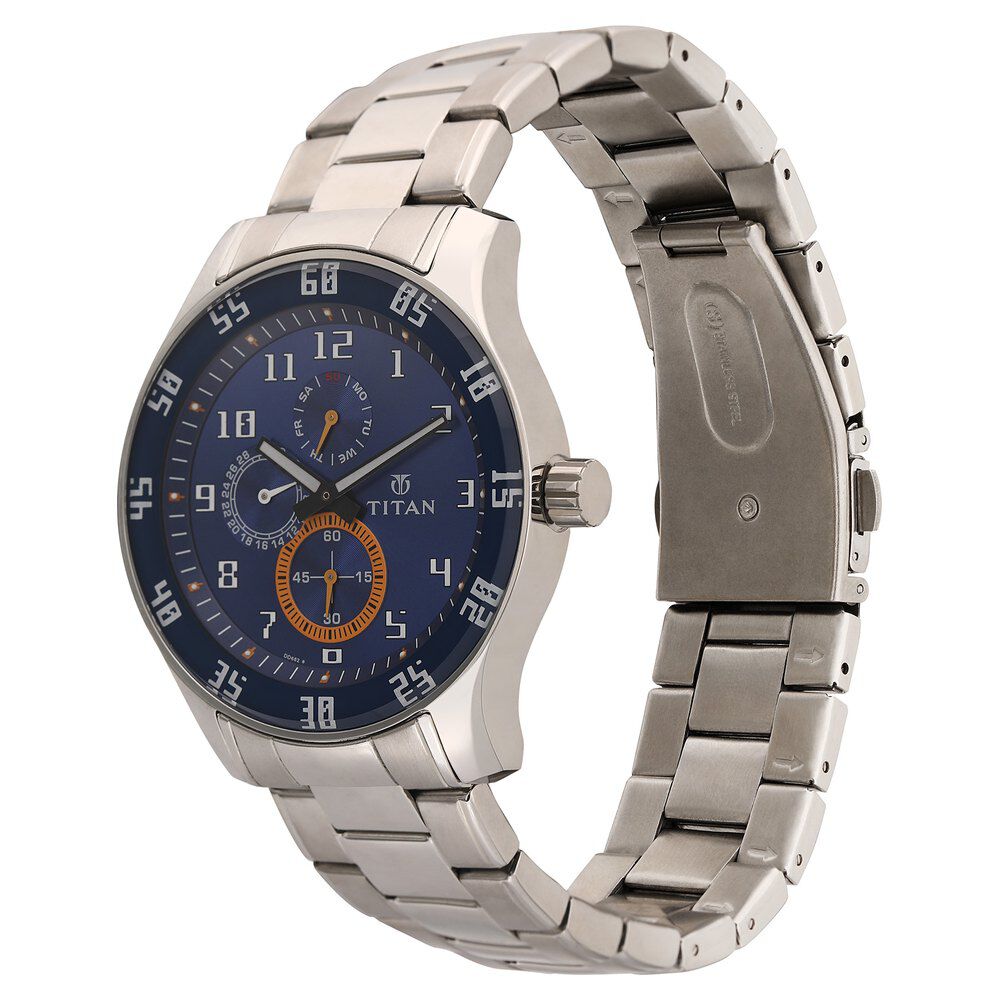 Titan Quartz Multifunction Blue Dial Stainless Steel Strap Watch for Men