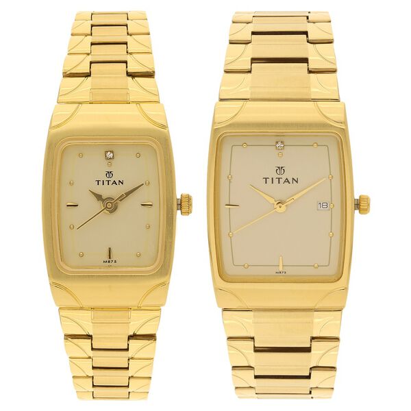 Titan Quartz Analog with Date Champagne Dial Stainless Steel Strap Watch for Couple - image number 0