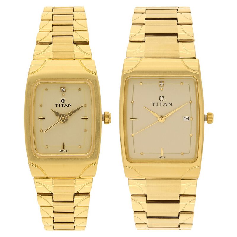 Titan Quartz Analog with Date Champagne Dial Stainless Steel Strap Watch for Couple