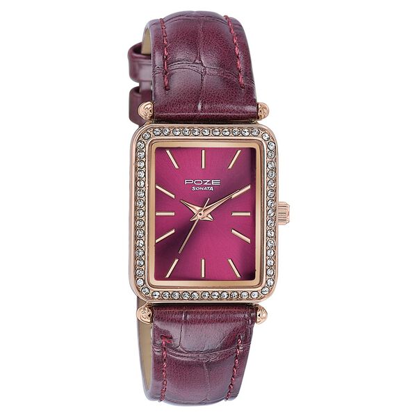 Sonata Poze Quartz Analog Purple Dial Leather Strap Watch For Women - image number 2