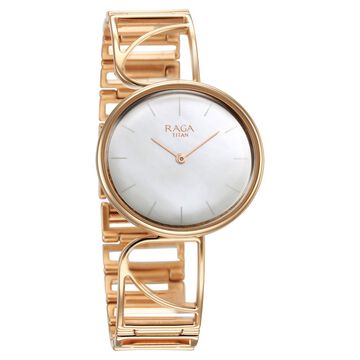 Titan Raga Power Pearls Quartz Analog Mother of Pearl Dial Rose Gold Metal Strap Oval Shaped Watch For Women