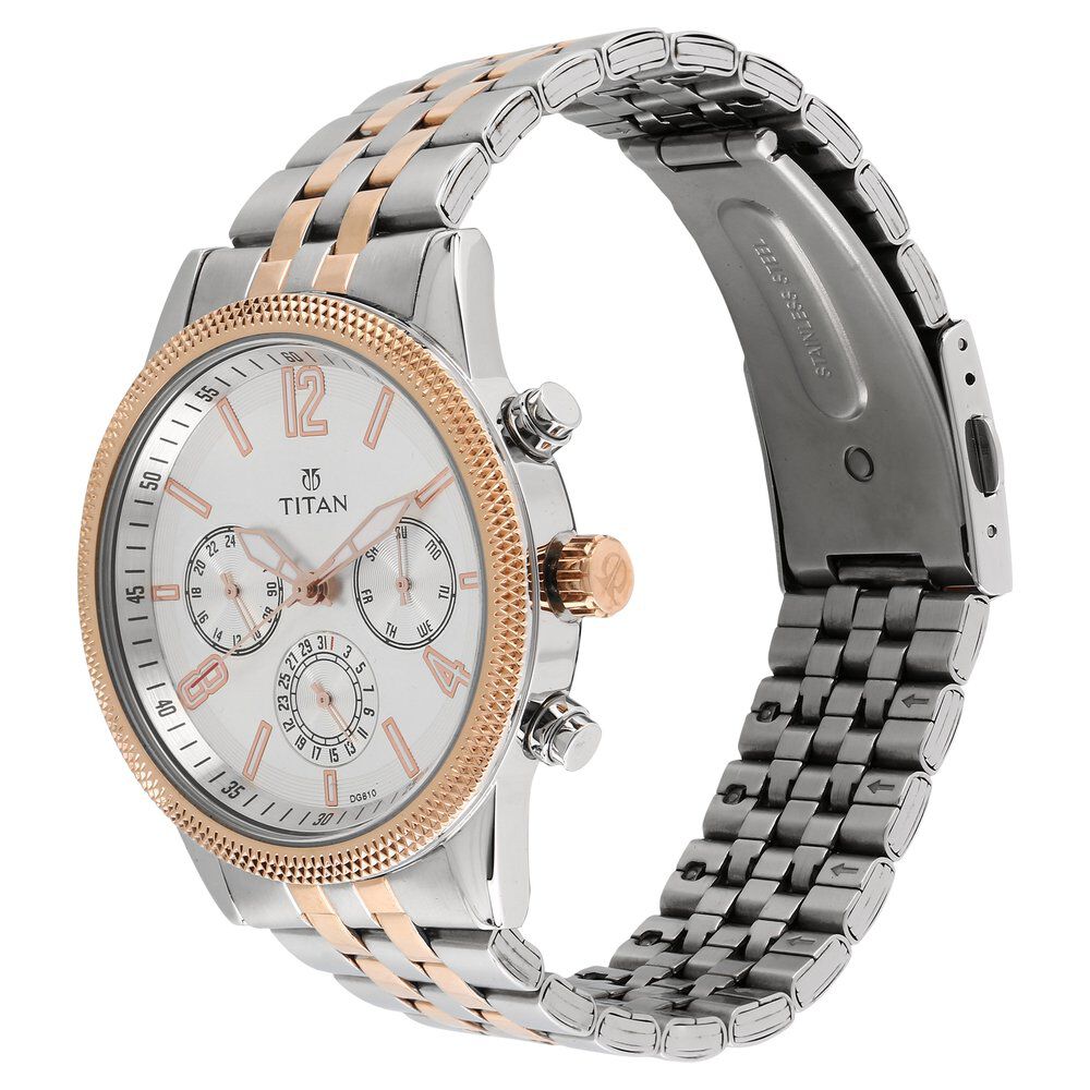 Buy Online Titan Men s Metropolitan Luxe Multifunction White Dial with Two Tone Stainless Steel Bracelet Watch ns1734km02 Titan