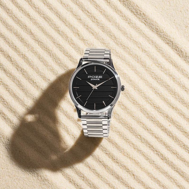 Sonata Poze Quartz Analog Black Dial Metal Strap Watch For Men