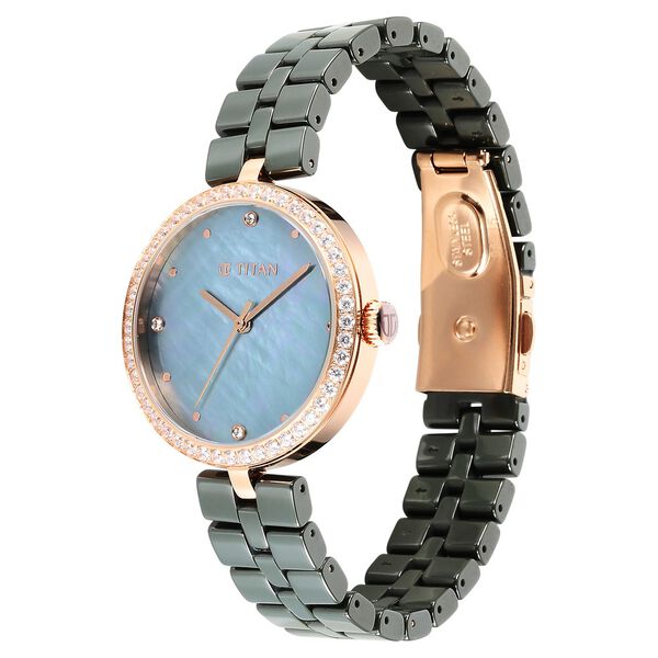 Titan Purple Ceramics Quartz Analog Mother of Pearl Dial Green Ceramic Strap Watch For Women - image number 2