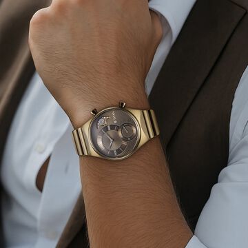Titan Micromotors Analog with Date and Sun-Moon Sub-Dial and Khaki Dial Khaki Stainless Steel Strap Watch for Men