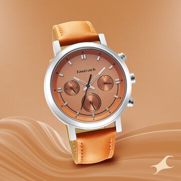 Fastrack Tick Tock Quartz Multifunction Orange Dial Leather Strap Watch for Guys