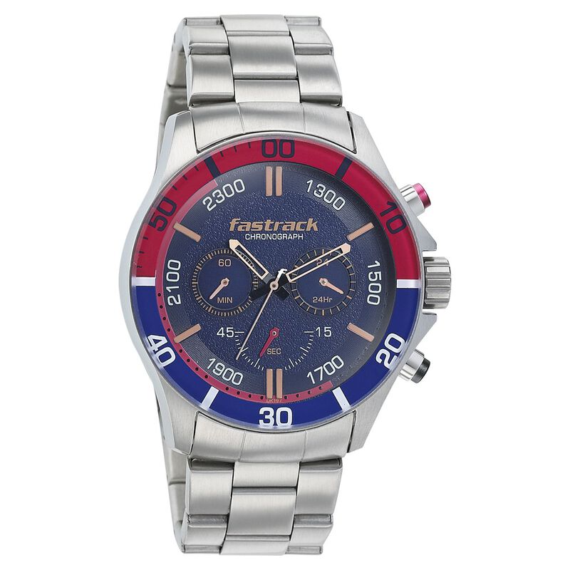 Fastrack Hitlist Quartz Chronograph Blue Dial Stainless Steel Strap Watch for Guys