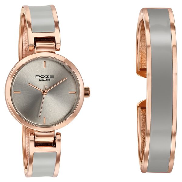 Sonata Poze Quartz Analog Grey Dial Two Toned Kada Strap Watch For Women - image number 2