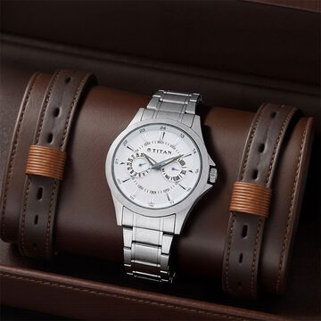 Titan Multifunction Silver Dial Silver Stainless Steel Strap Watch For Men