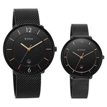 Titan Bandhan Black Dial Analog with Date Stainless Steel Strap watch for Couple