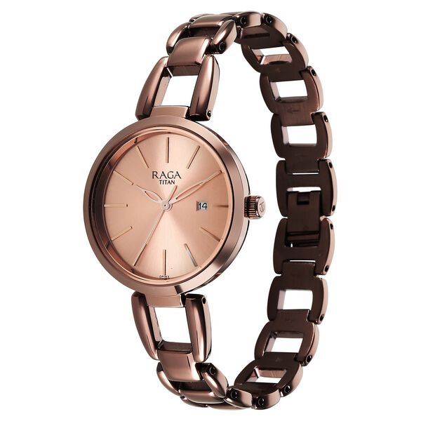 Titan Raga Viva Quartz Analog with Date Rose Gold Dial Brown Metal Strap Watch for Women - image number 3