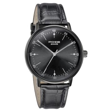 Sonata Poze Quartz Analog Black Dial Leather Strap Watch for Men