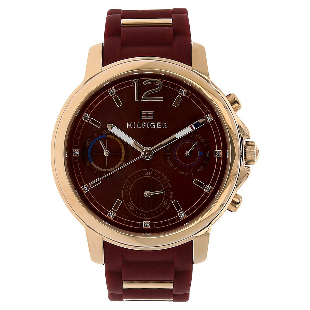Buy Online Tommy Hilfiger Quartz Multifunction Maroon Dial Silicone Strap Watch for Women ncth1781744 Titan