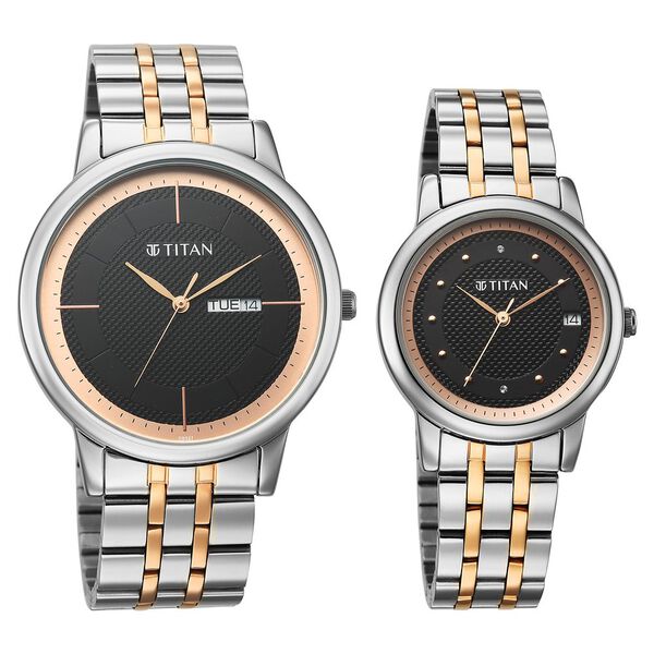 Titan Bandhan Eternal Pair Analog with Date and Black Dial Dual Tone Stainless Steel Strap Watch for Couples - image number 1