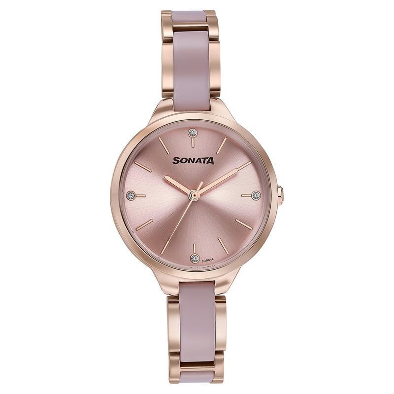 Sonata Wedding Edit Quartz Analog Pink Dial Stainless Steel With Acetate Strap Watch For Women