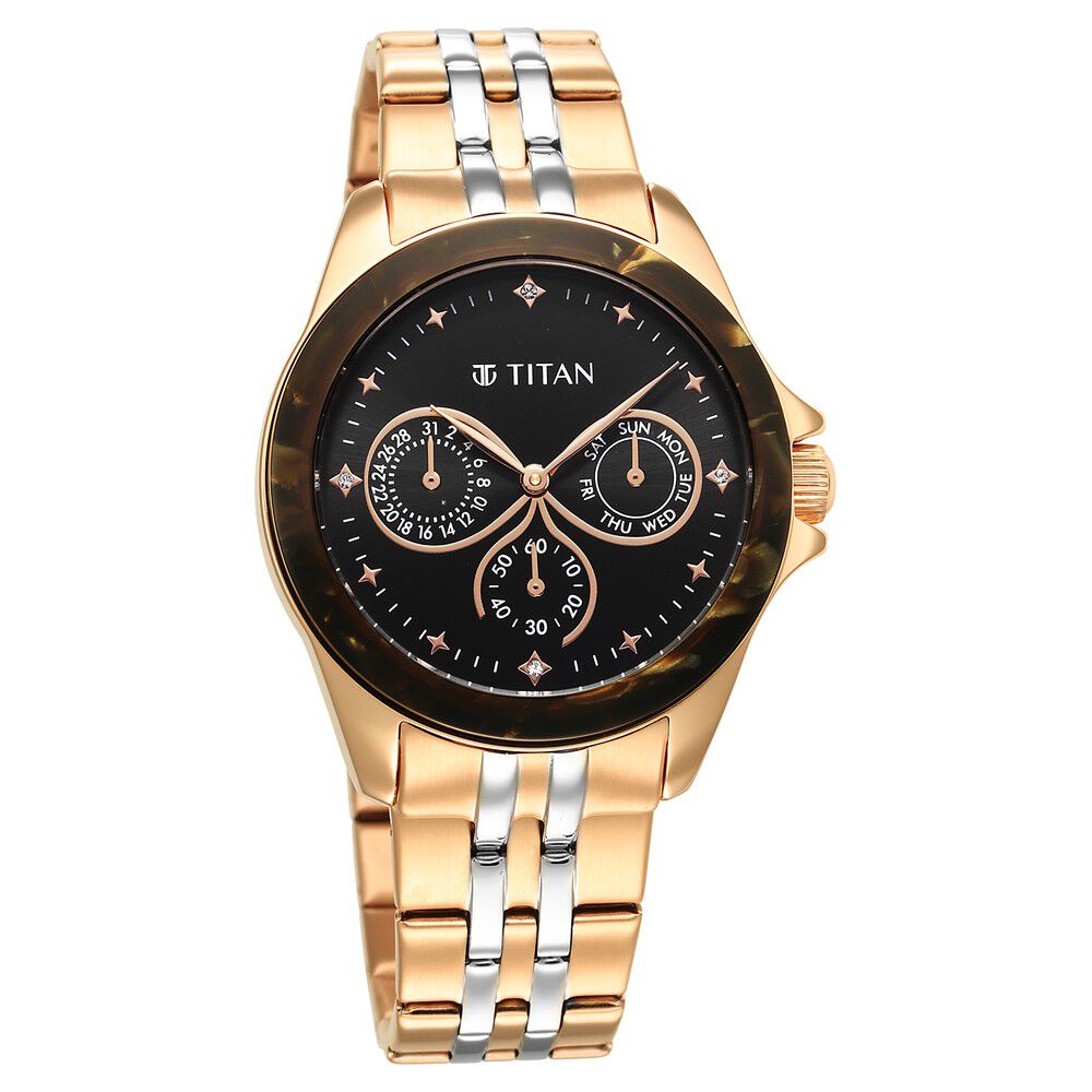 Buy Online Titan Acetate Black Dial Analog with Day and Date Stainless Steel Strap Watch for Women ns95186km02 Titan