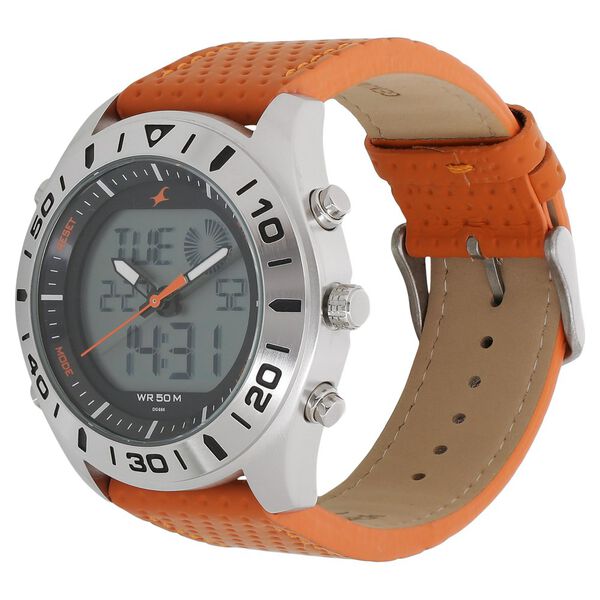 Fastrack Quartz Analog Digital Orange Dial Leather Strap Watch for Guys - image number 1
