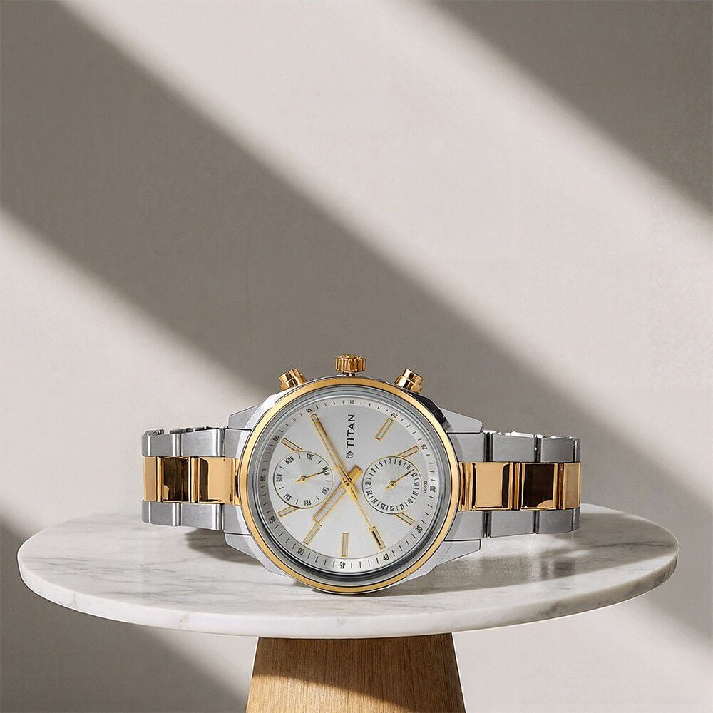 Titan Men's Metropolitan Luxe: Multifunction Silver Dial with Two-Tone Stainless Steel Bracelet Watch-image-47