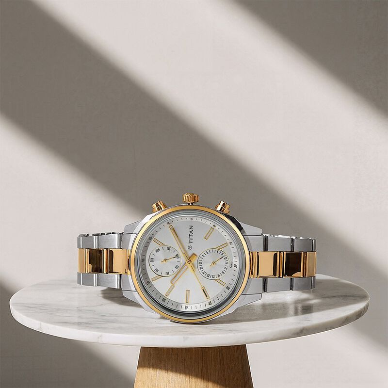 Titan Men's Metropolitan Luxe: Multifunction Silver Dial with Two-Tone Stainless Steel Bracelet Watch