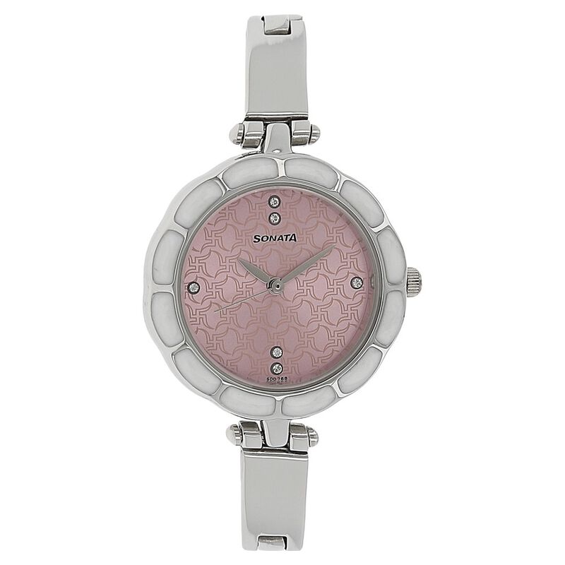 Sonata Quartz Analog Pink Dial Stainless Steel Strap Watch for Women