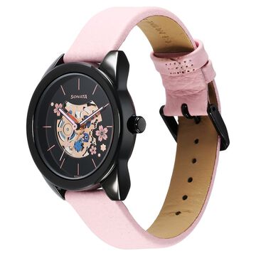 Sonata Unveil Quartz Multifunction Black Dial Leather Strap Watch for Women