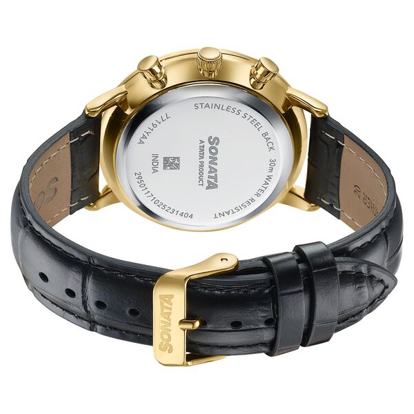 Sonata Festive Quartz Multifunction Two Toned Dial Black Leather Strap Watch For Men - image number 5