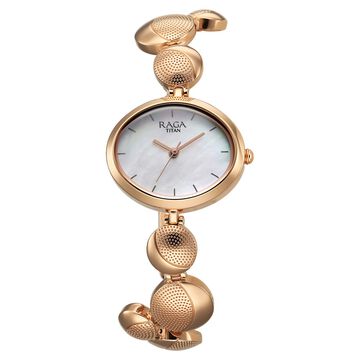 Titan Raga Power Pearls Quartz Analog Mother of Pearl Round Shaped Dial Rose Gold Metal Strap Watch For Women
