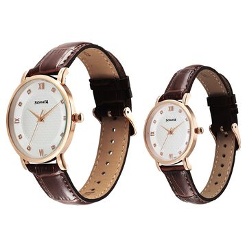Sonata Perfect Pairs Quartz Analog White Dial Brown Leather Strap Watch For Couple