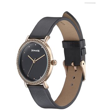 Sonata Quartz Analog Black Dial Black Leather Strap Watch For Women