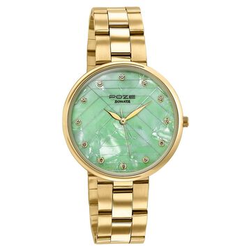 Sonata Poze Quartz Analog Green Dial Golden Colour Stainless Steel Strap Watch For Women