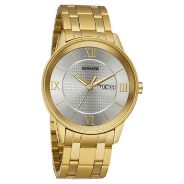 Sonata Quartz Analog with Day and Date Champagne Dial Stainless Steel Strap Watch for Men
