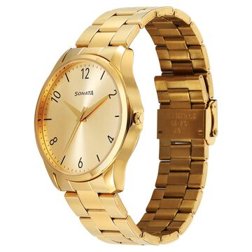 Sonata Traditional Essentials Quartz Analog Champagne Dial Golden Metal Strap Watch For Men