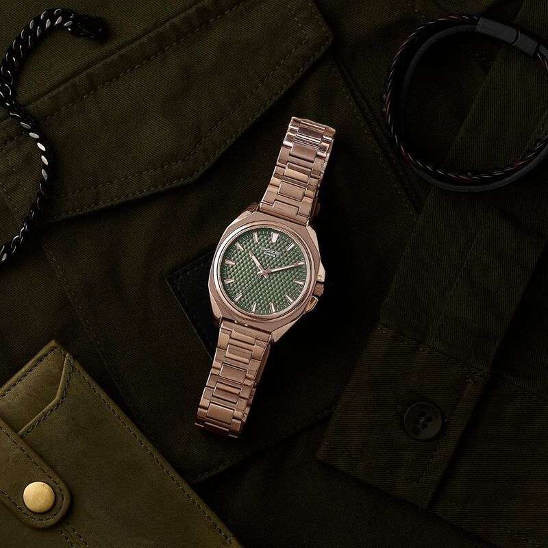Poze By Sonata Quartz Analog Green Dial Rose Gold Metal Strap Watch For Men