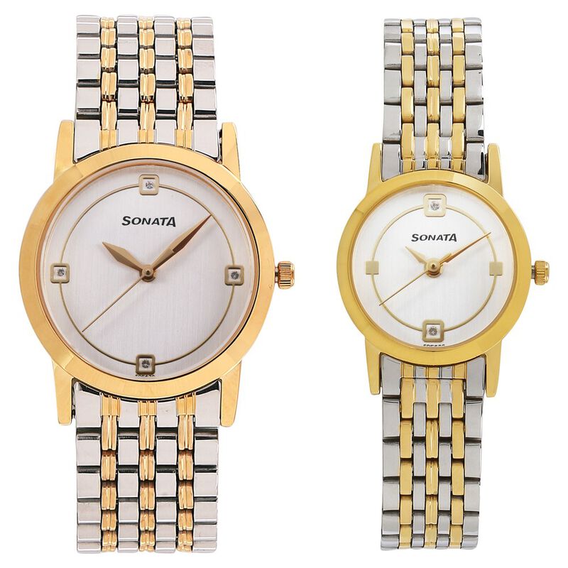Sonata Quartz Analog Silver Dial Stainless Steel Strap Watch for Couple