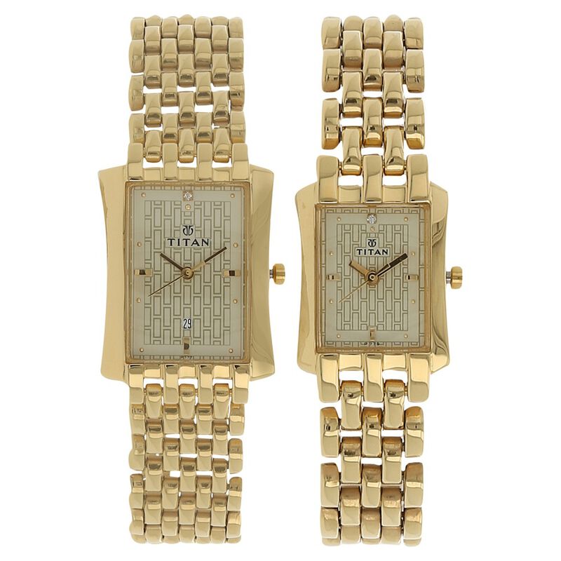 Titan Quartz Analog with Date Champagne Dial Stainless Steel Strap Watch for Couple - image number 0