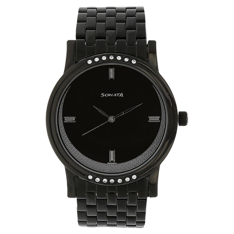 Sonata Quartz Analog Black Dial Stainless Steel Strap Watch for Men