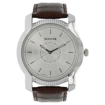 Sonata Quartz Analog Silver Dial Leather Strap Watch for Men