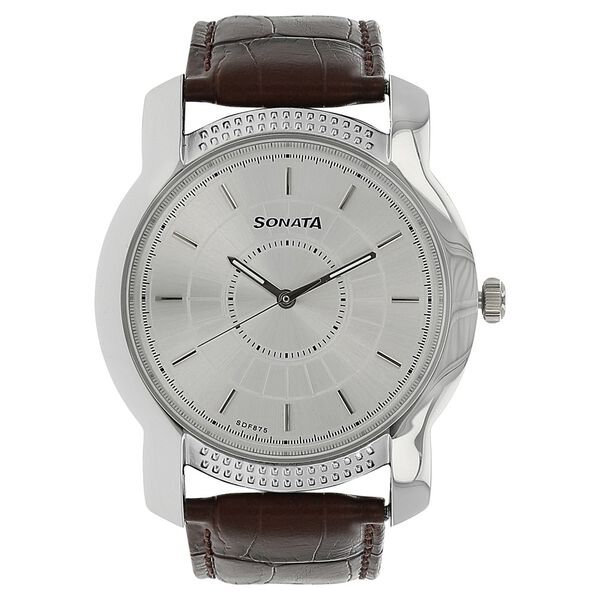 Buy Online Sonata Quartz Analog Silver Dial Leather Strap Watch
